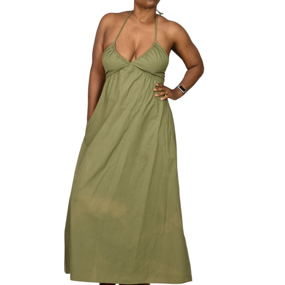 Xirena Maggie Halter Dress Green Olive Maxi Poplin Cotton Sundress Pockets XS